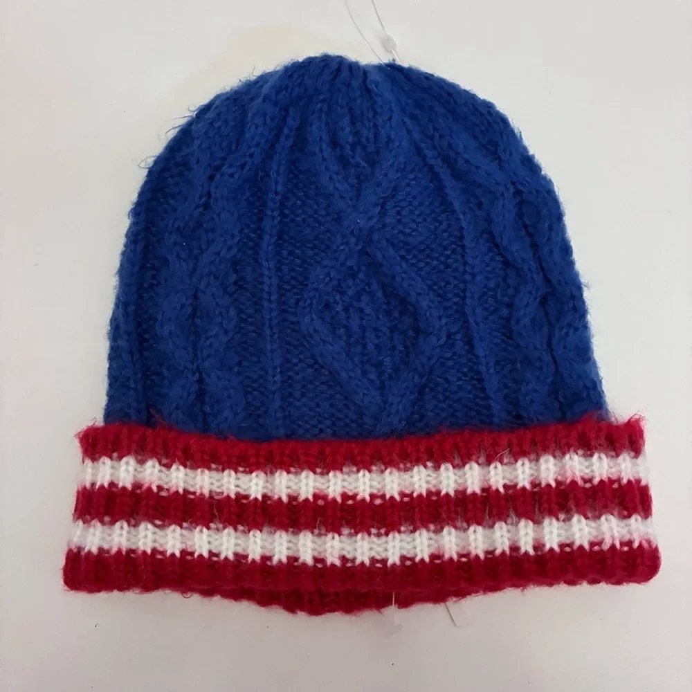Boden Kids Blue with Red Stripes Folded Cuff Cable Knit Hat Beanie Size Small